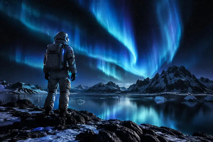Astronaut working beneath northern lights
