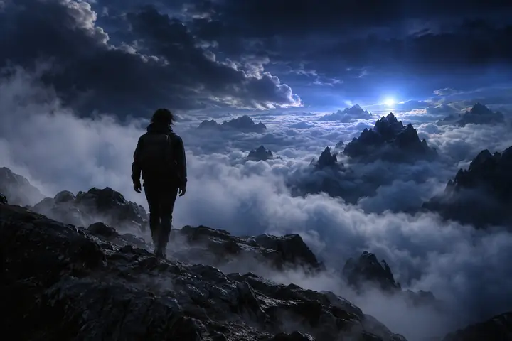 Person moving through a cloudy landscape