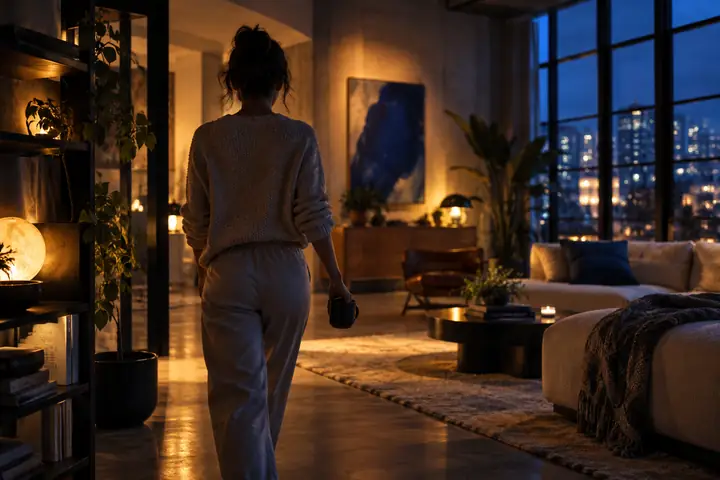 Person moving through a warmly lit interior