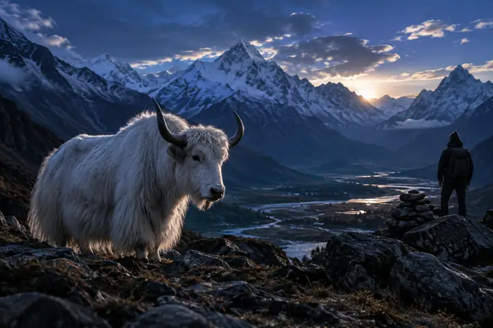 Giant white yak in a cinematic mountain landscape